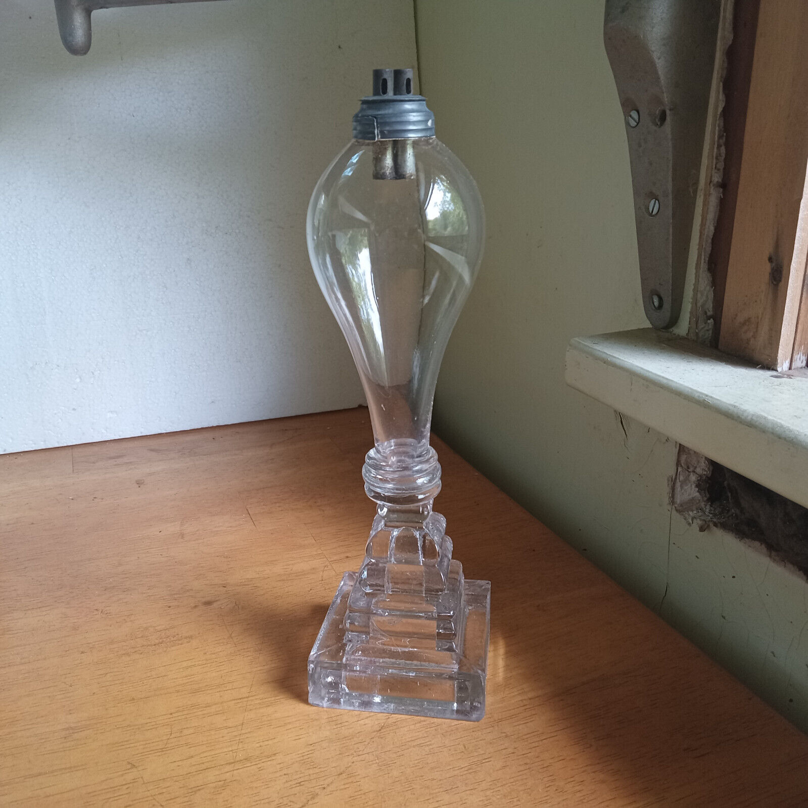 1840s FREE BLOWN WHALE OIL LAMP W 2 TUBE BURNER GLASS WAFER STEM STEP BASE
