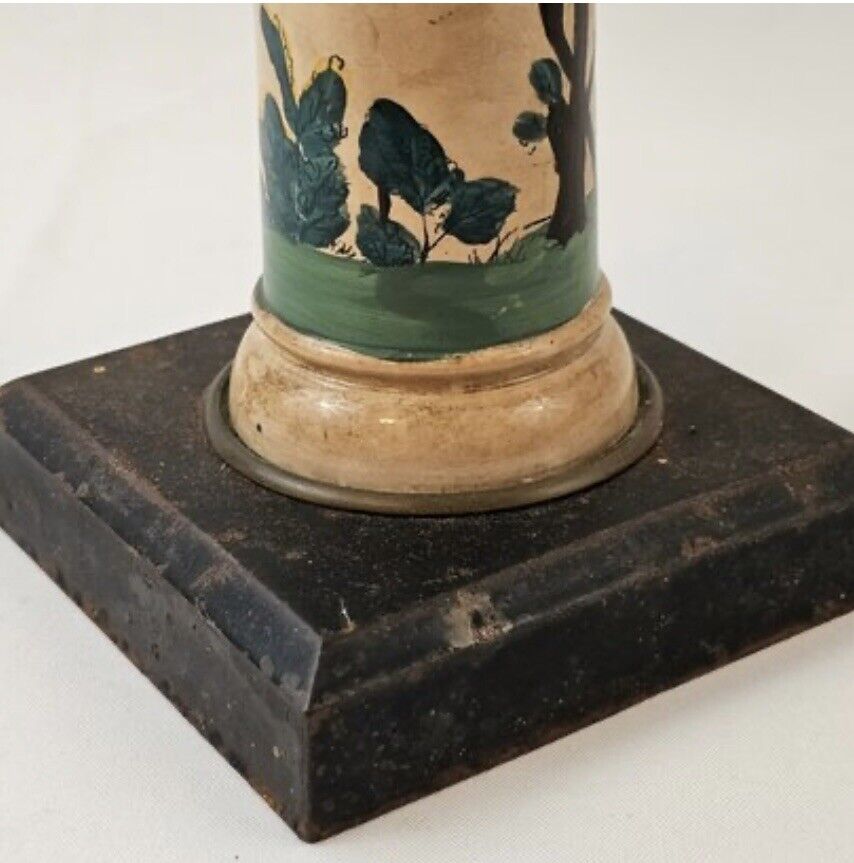 1800s Converted Lamp With Pictorial Ironstone Pedestal And Iron Base Antique