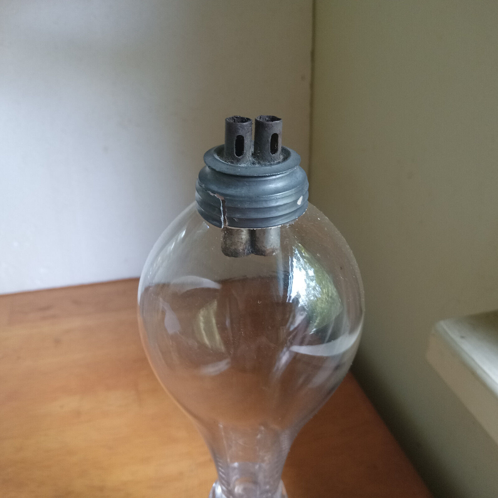 1840s FREE BLOWN WHALE OIL LAMP W 2 TUBE BURNER GLASS WAFER STEM STEP BASE