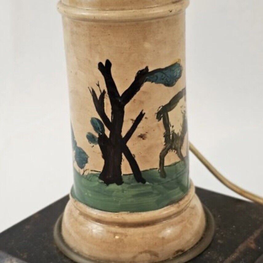 1800s Converted Lamp With Pictorial Ironstone Pedestal And Iron Base Antique