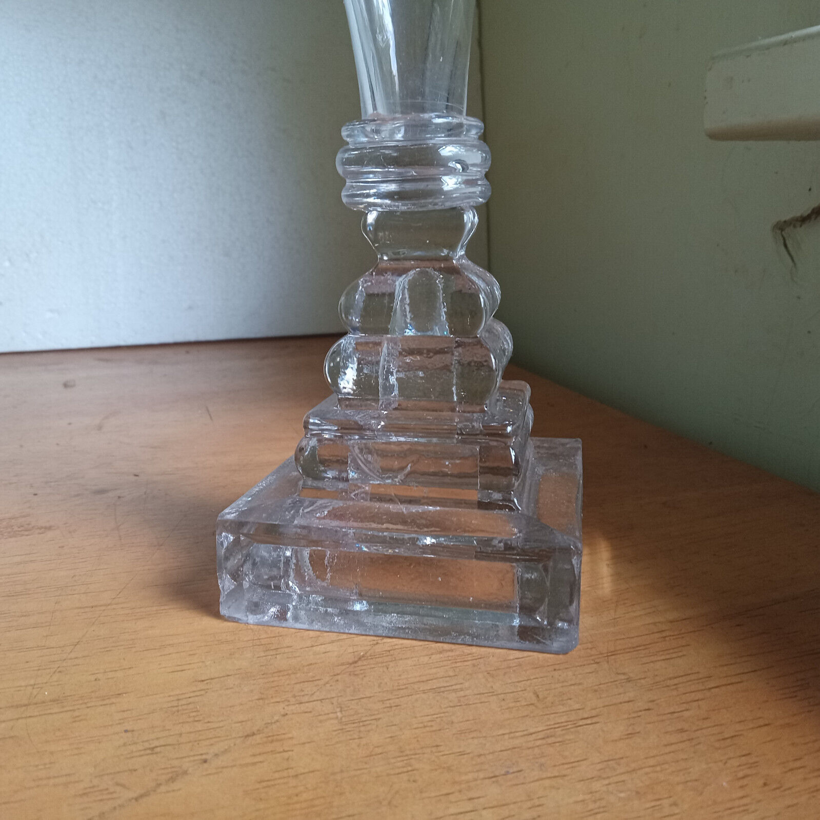 1840s FREE BLOWN WHALE OIL LAMP W 2 TUBE BURNER GLASS WAFER STEM STEP BASE