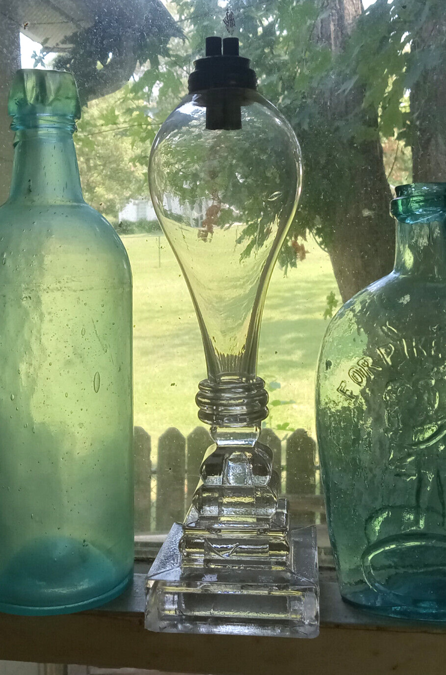 1840s FREE BLOWN WHALE OIL LAMP W 2 TUBE BURNER GLASS WAFER STEM STEP BASE