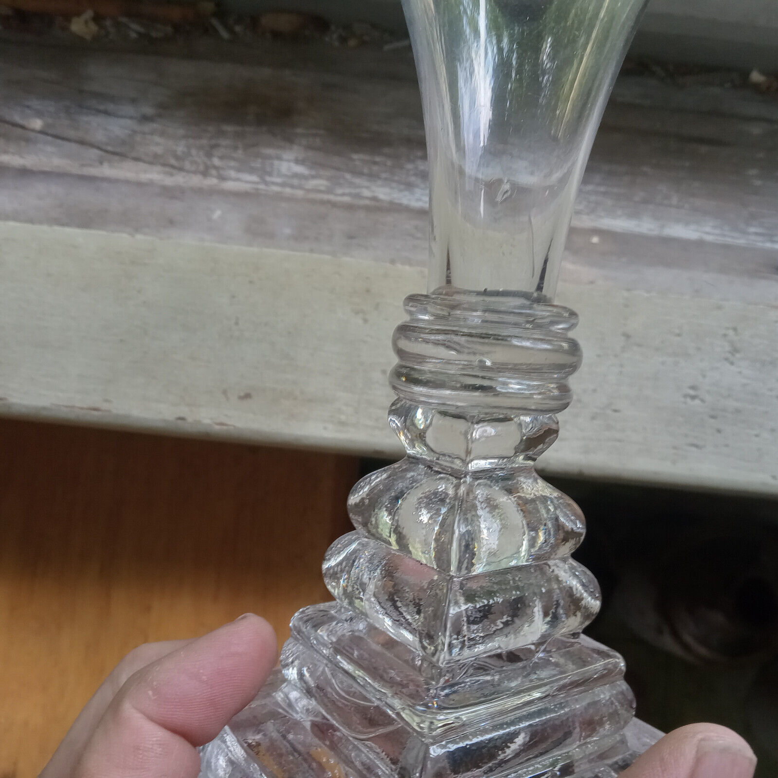 1840s FREE BLOWN WHALE OIL LAMP W 2 TUBE BURNER GLASS WAFER STEM STEP BASE