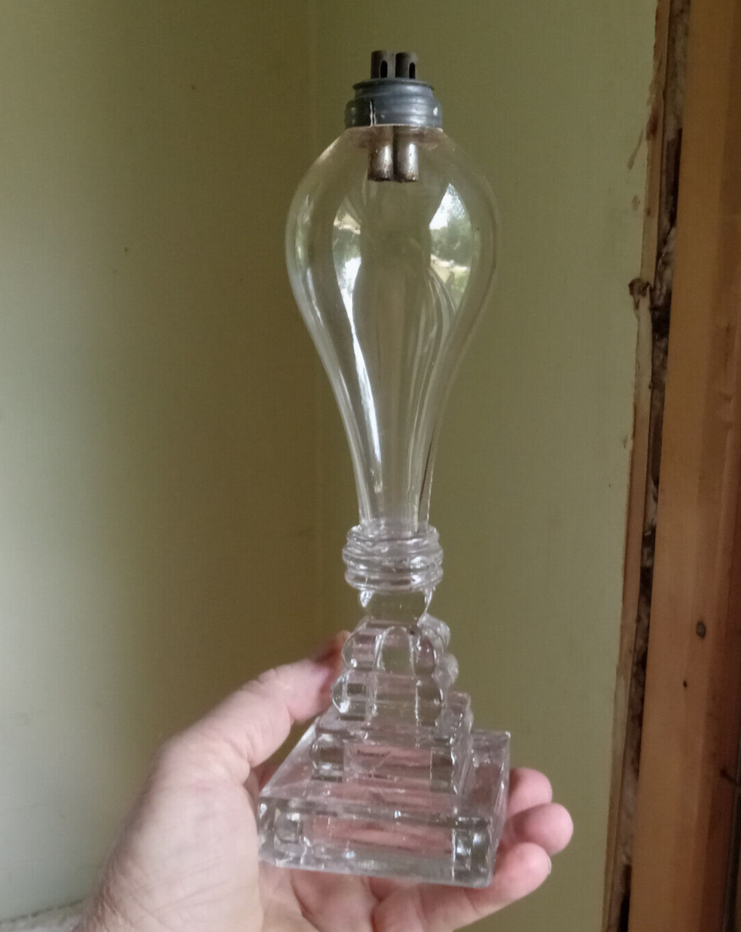 1840s FREE BLOWN WHALE OIL LAMP W 2 TUBE BURNER GLASS WAFER STEM STEP BASE