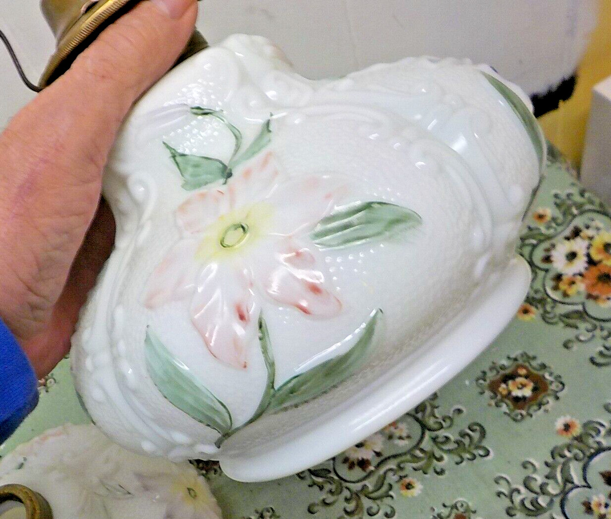 2 Vintage Matching  Glass Porcelain OIL LAMPS 1 Needs A Burner