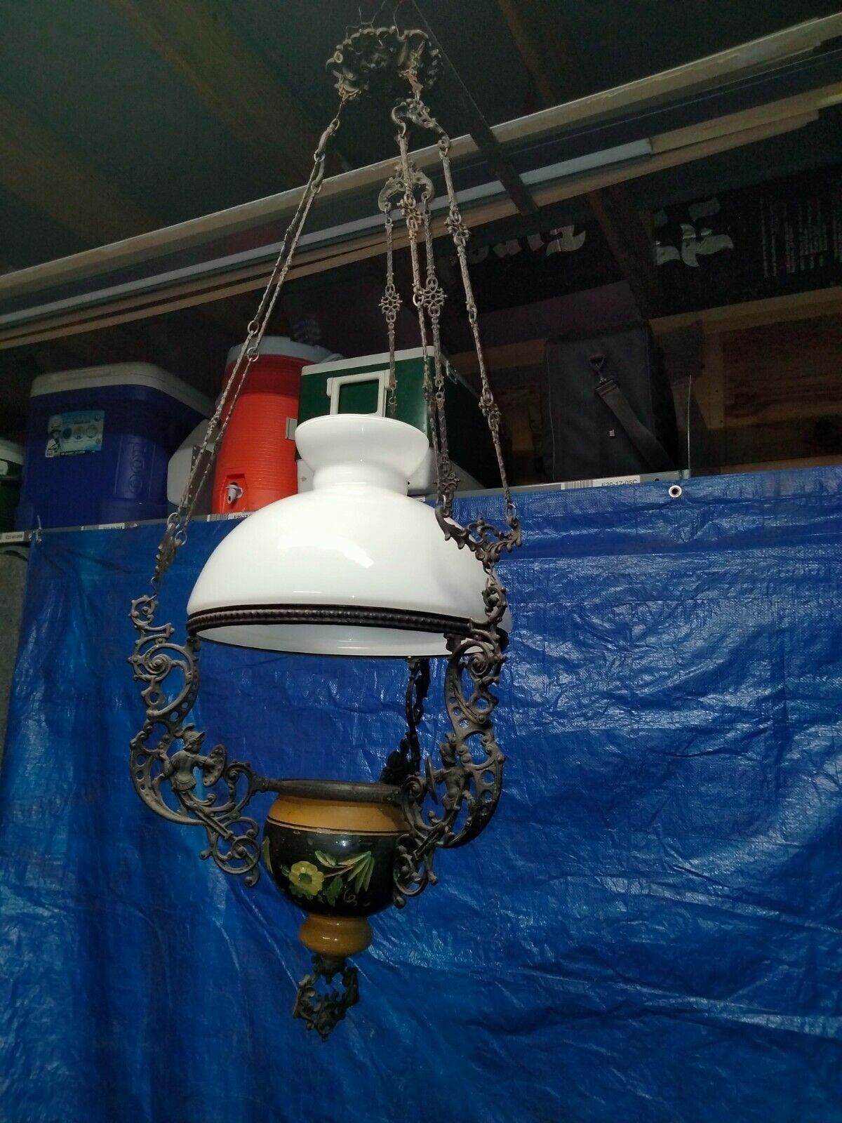 18th century cast iron Dutch hanging Oil Lamp retrofitted