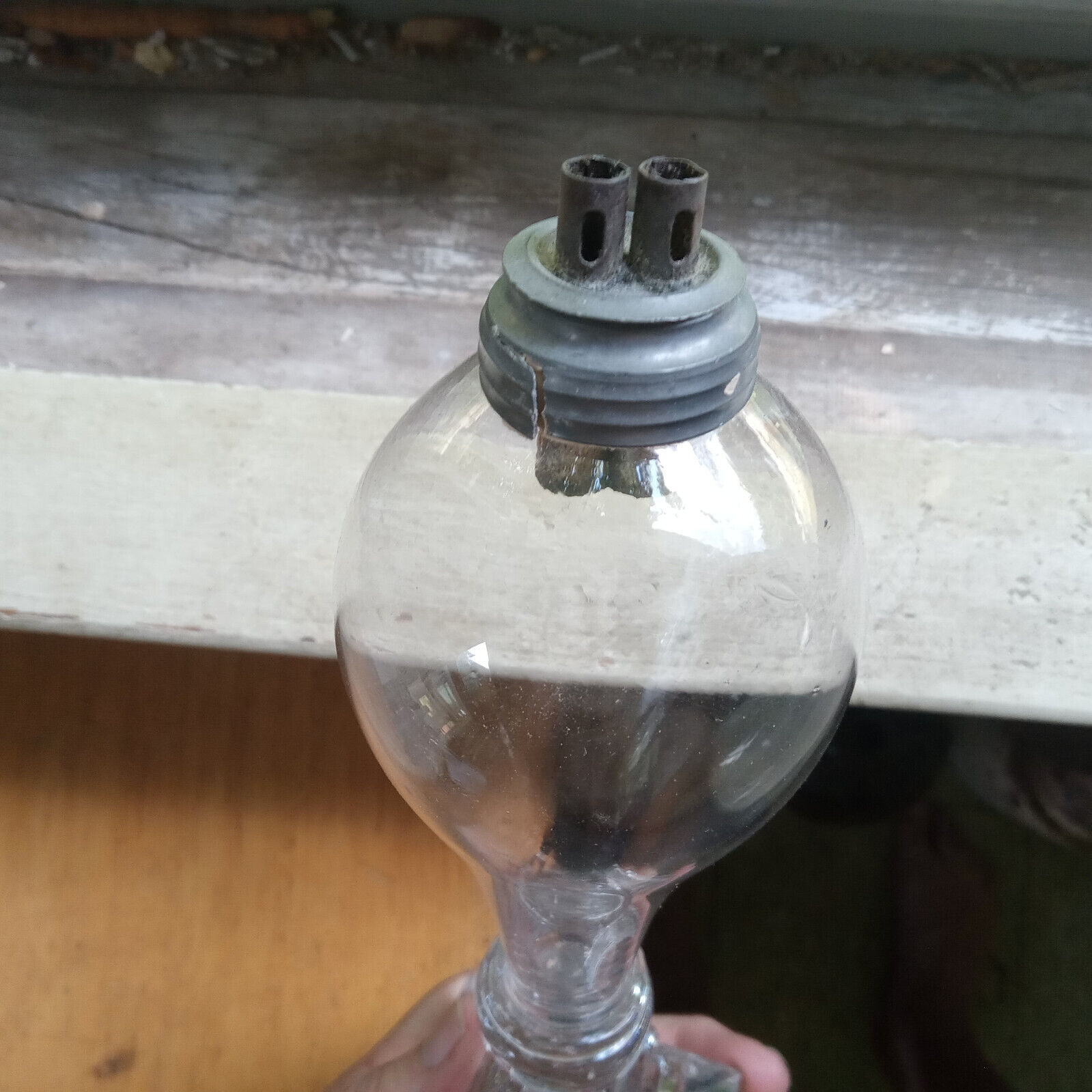1840s FREE BLOWN WHALE OIL LAMP W 2 TUBE BURNER GLASS WAFER STEM STEP BASE