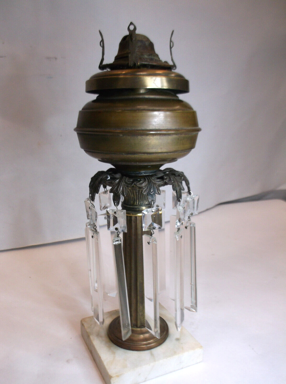 Antique Brass Oil Lamp with Crystal Prisms Cut Glass & Marble Base 1800's