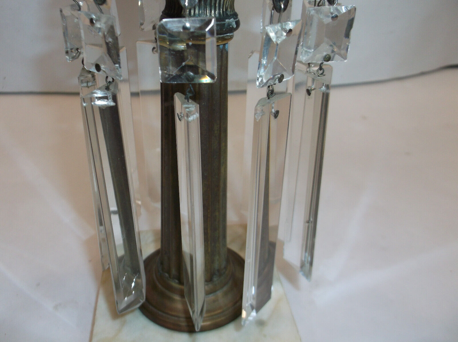 Antique Brass Oil Lamp  with Crystal Prisms Cut Glass & Marble Base 1800's