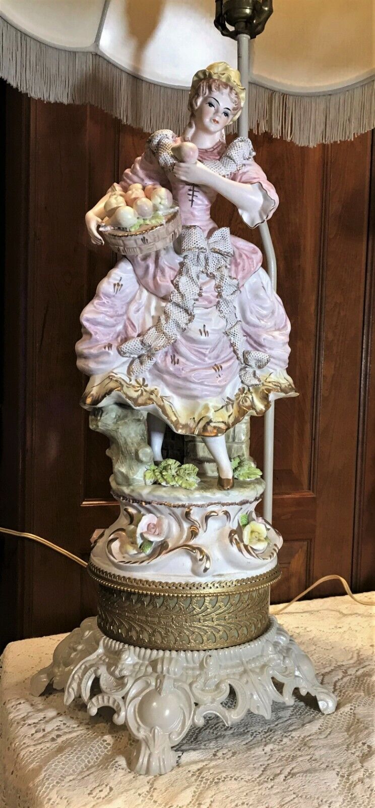 2 Exquisite Hand Painted Metal Lamps Man Woman Fruit Pink Tan 1700's Clothes 36"