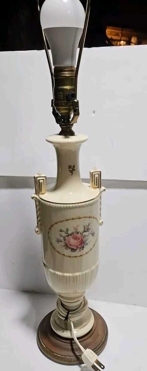 Vintage Porcelain Cream Gold Trophy Table Lamp Floral Deco Lines 26"x5"