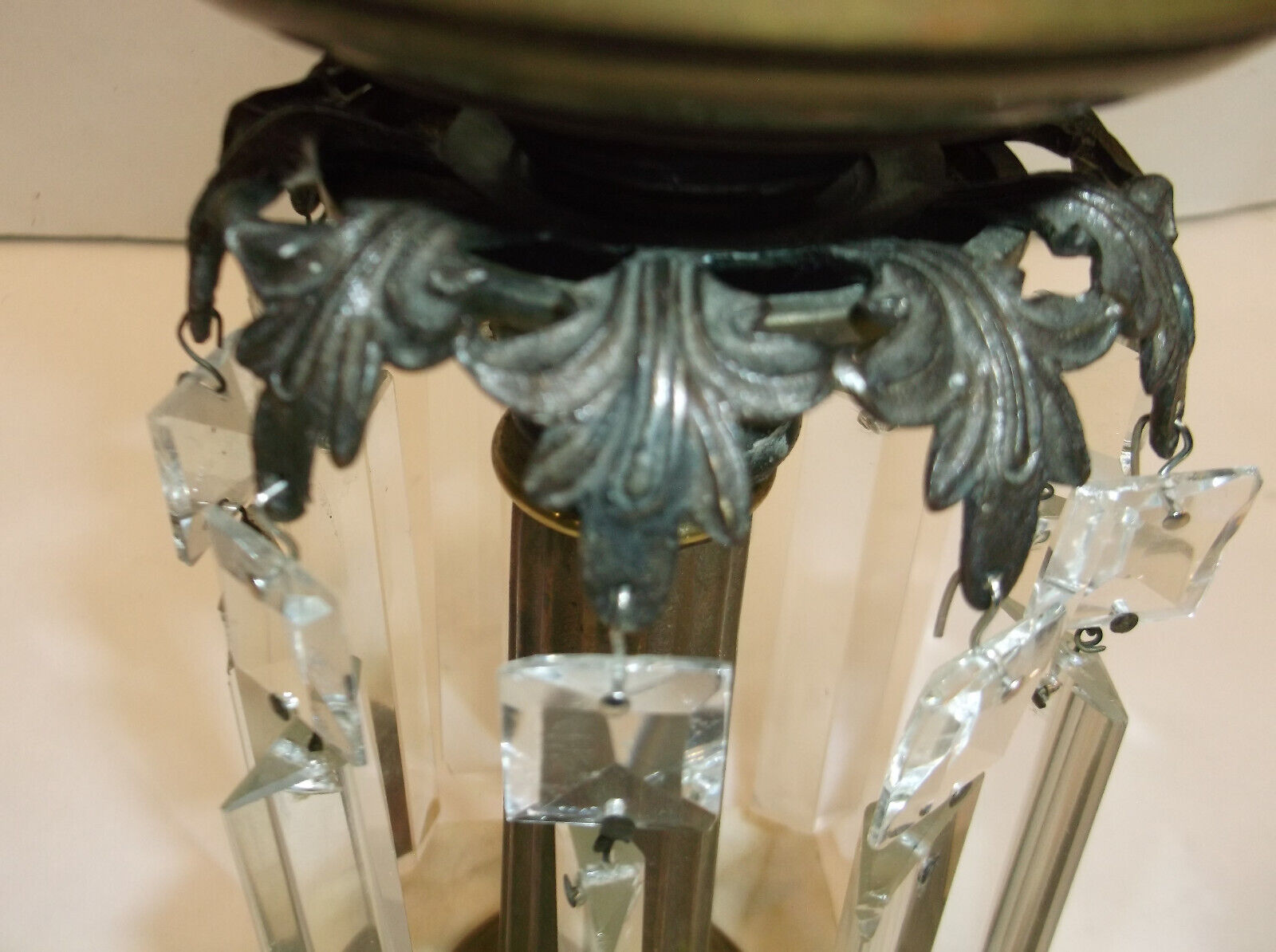 Antique Brass Oil Lamp  with Crystal Prisms Cut Glass & Marble Base 1800's