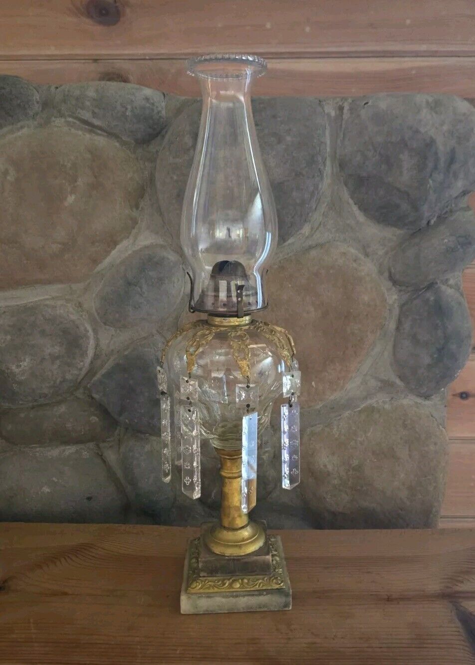 Antique Brass Oil Lamp  with Crystal Prisms Cut Glass & Marble Base 1800's