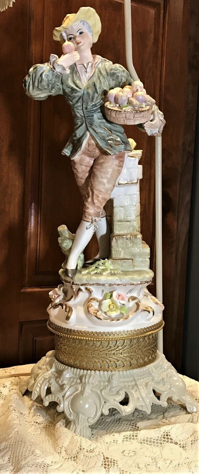 2 Exquisite Hand Painted Metal Lamps Man Woman Fruit Pink Tan 1700's Clothes 36"