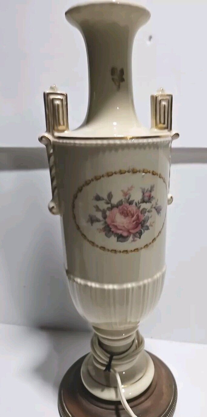 Vintage Porcelain Cream Gold Trophy Table Lamp Floral Deco Lines 26"x5"
