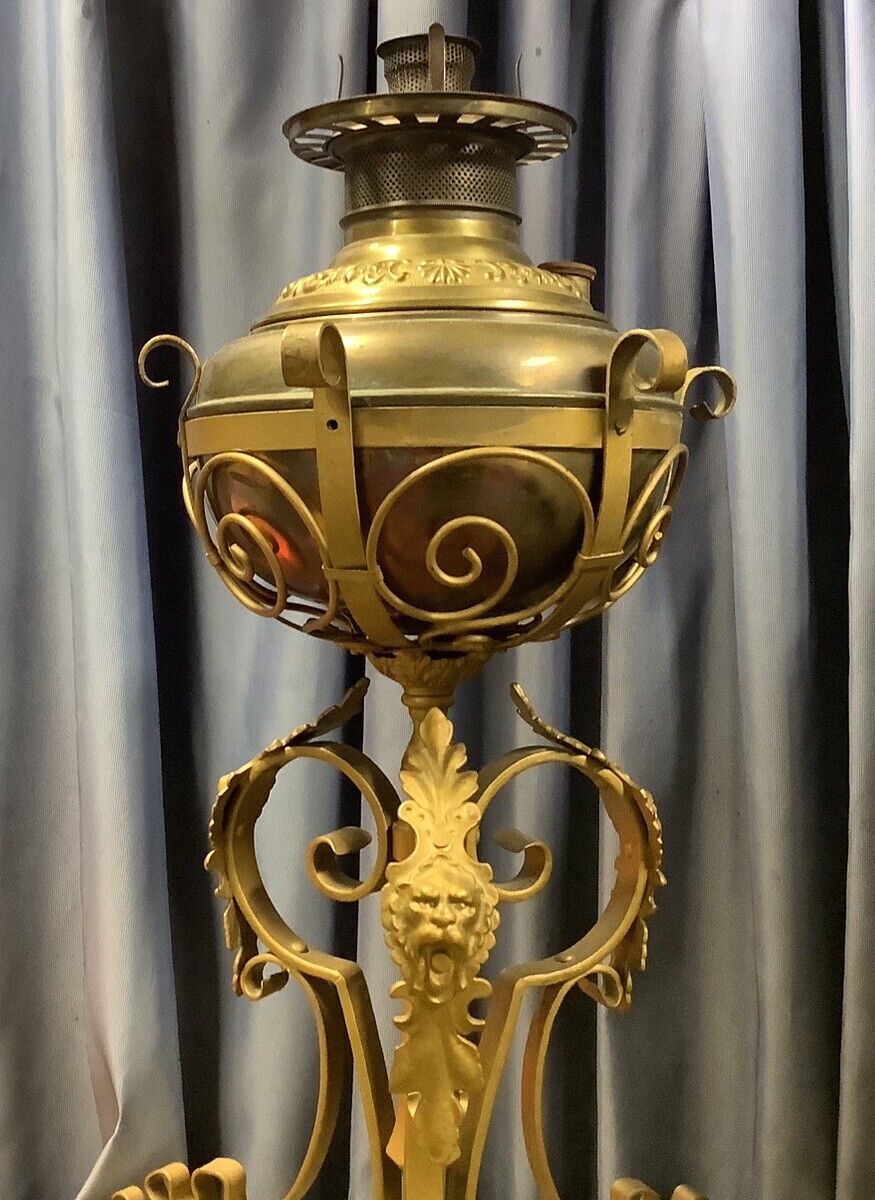 ANTIQUE M&W IRON & BRASS TALL BANQUET OIL LAMP BASE  w LIONS FACES FONT & BURNER