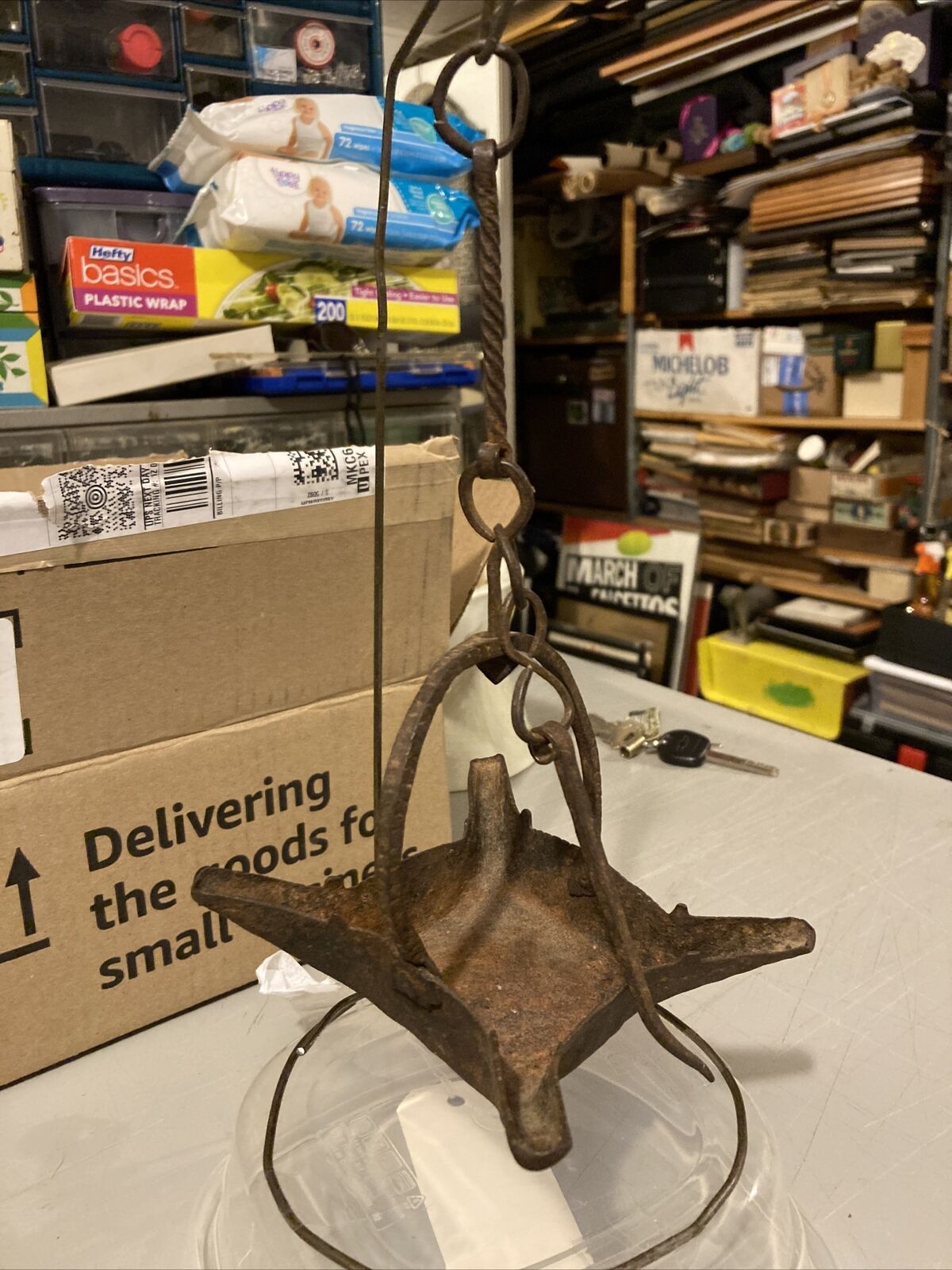 Primitive Antique 4 Wick Crusie Betty Lamp 1700s Hand Forged w/Pick To Move Wick