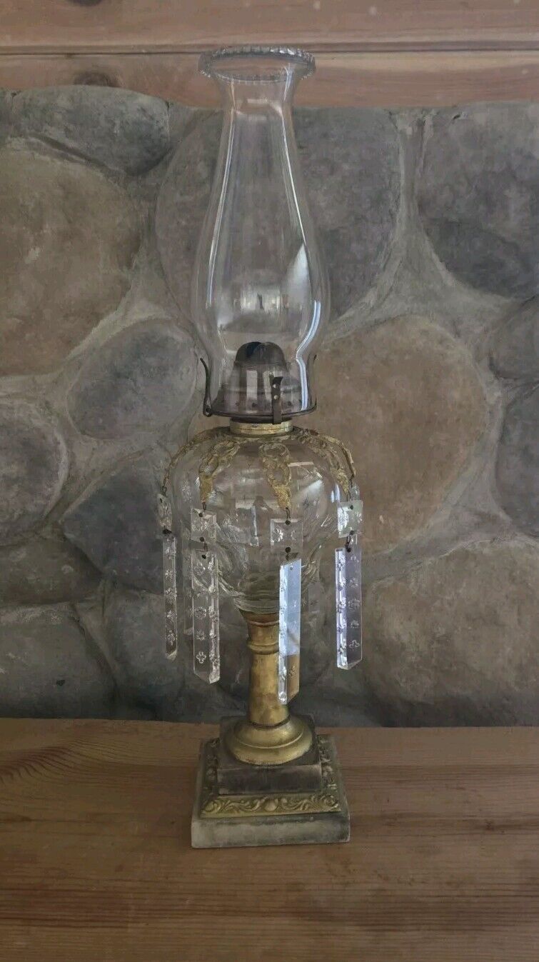 Antique Brass Oil Lamp  with Crystal Prisms Cut Glass & Marble Base 1800's