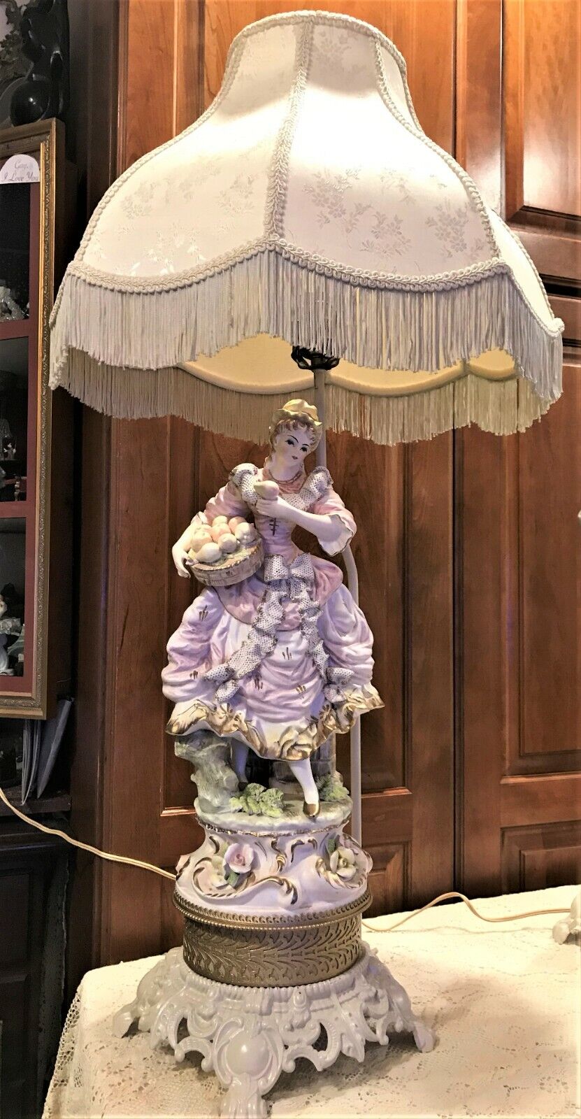 2 Exquisite Hand Painted Metal Lamps Man Woman Fruit Pink Tan 1700's Clothes 36"