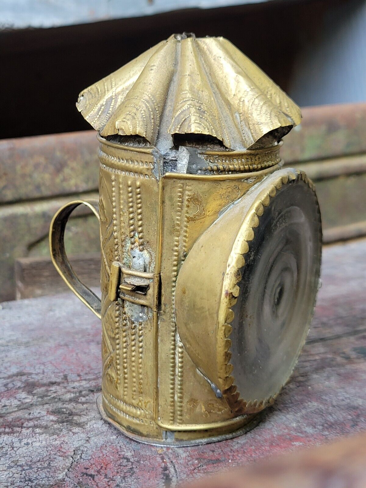 18th Century Miniature CANDLE LANTERN Punched/Stamped Brass Blown Glass Lens