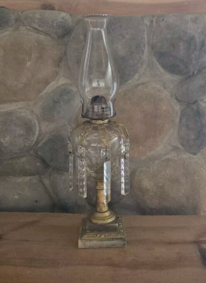 Antique Brass Oil Lamp  with Crystal Prisms Cut Glass & Marble Base 1800's