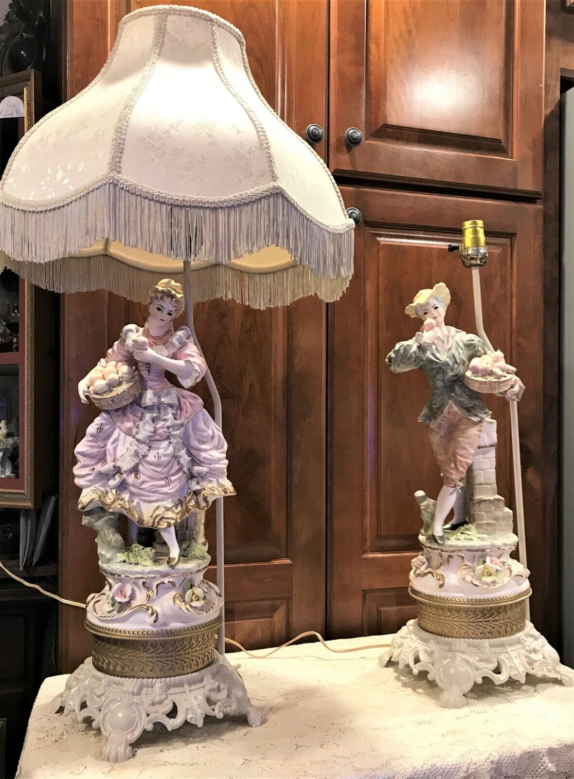 2 Exquisite Hand Painted Metal Lamps Man Woman Fruit Pink Tan 1700's Clothes 36"