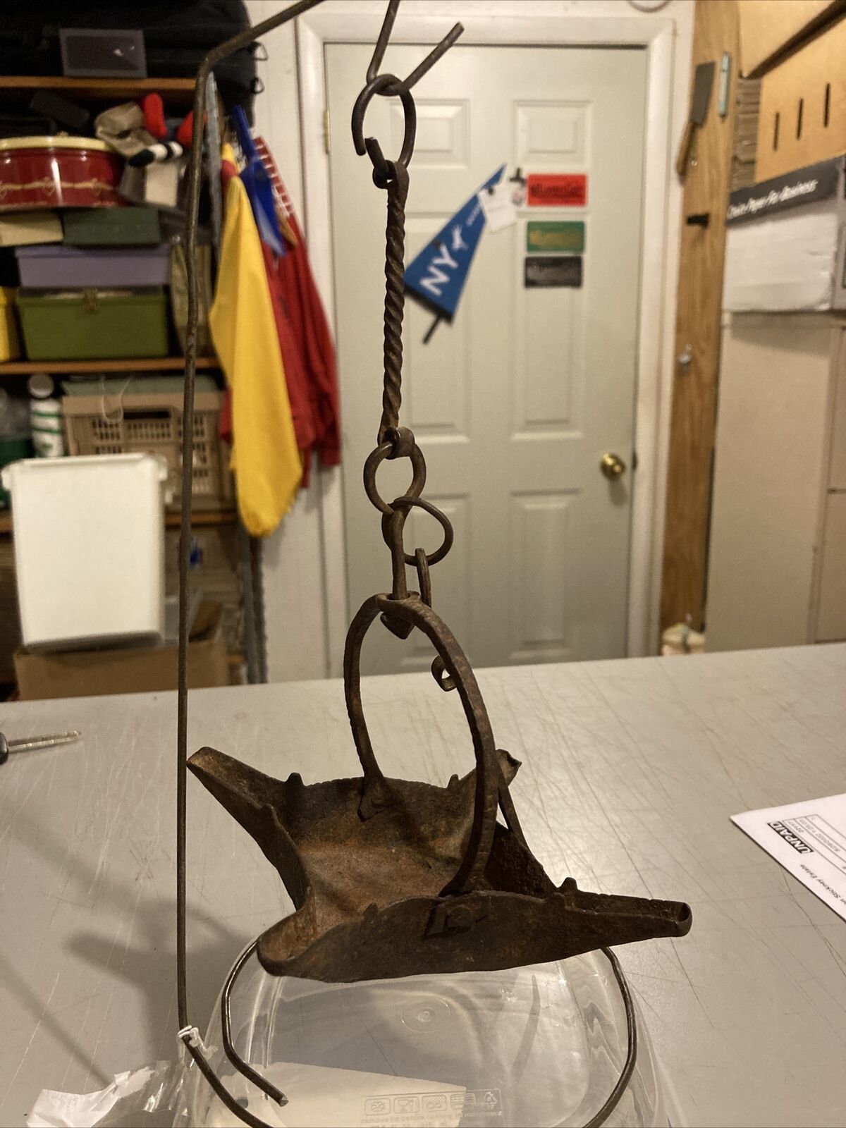 Primitive Antique 4 Wick Crusie Betty Lamp 1700s Hand Forged w/Pick To Move Wick