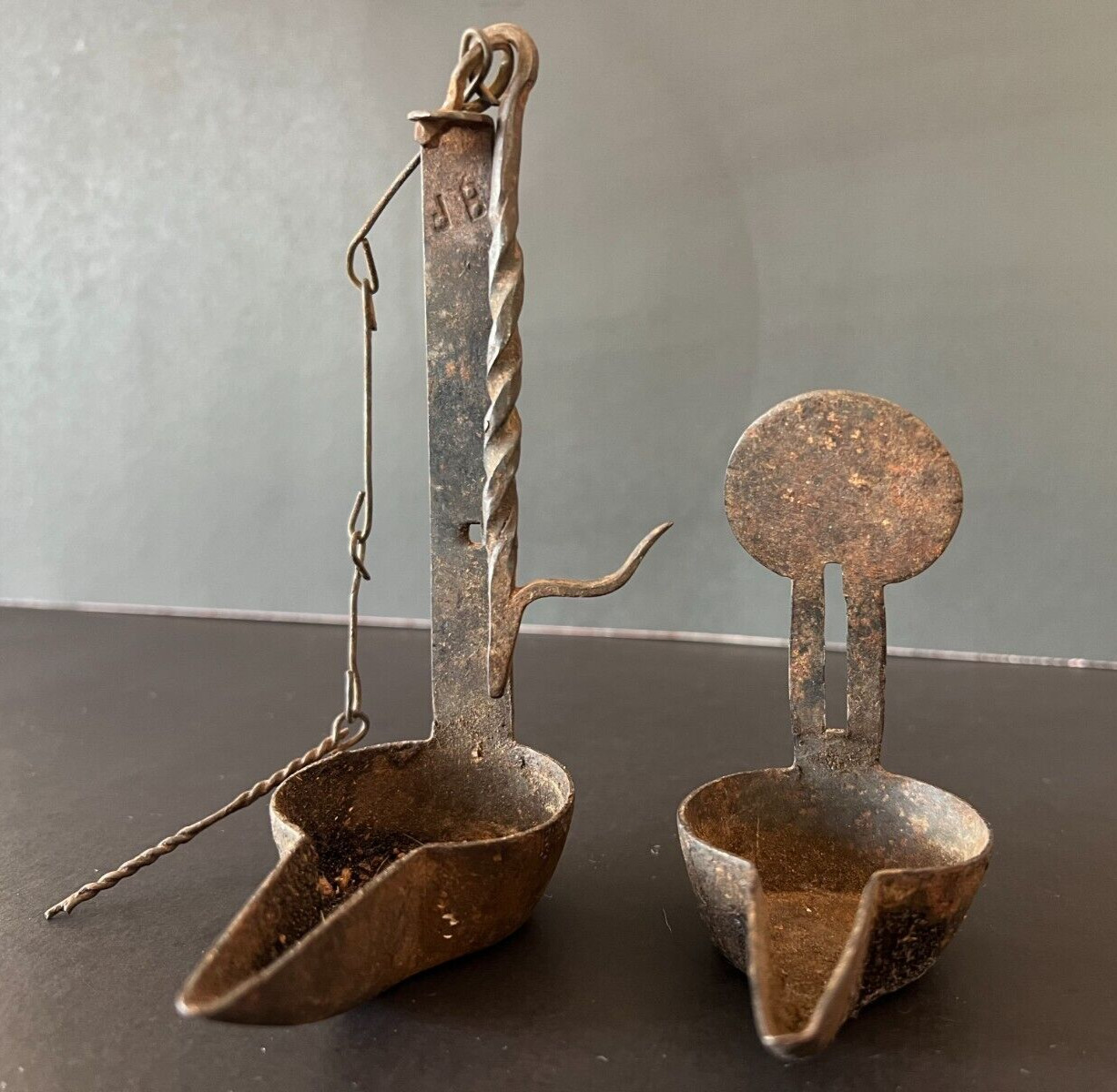 18th Century *stamped* Double Crusie Phoebe Whale Oil Grease Lamp w/ Hook & Tool