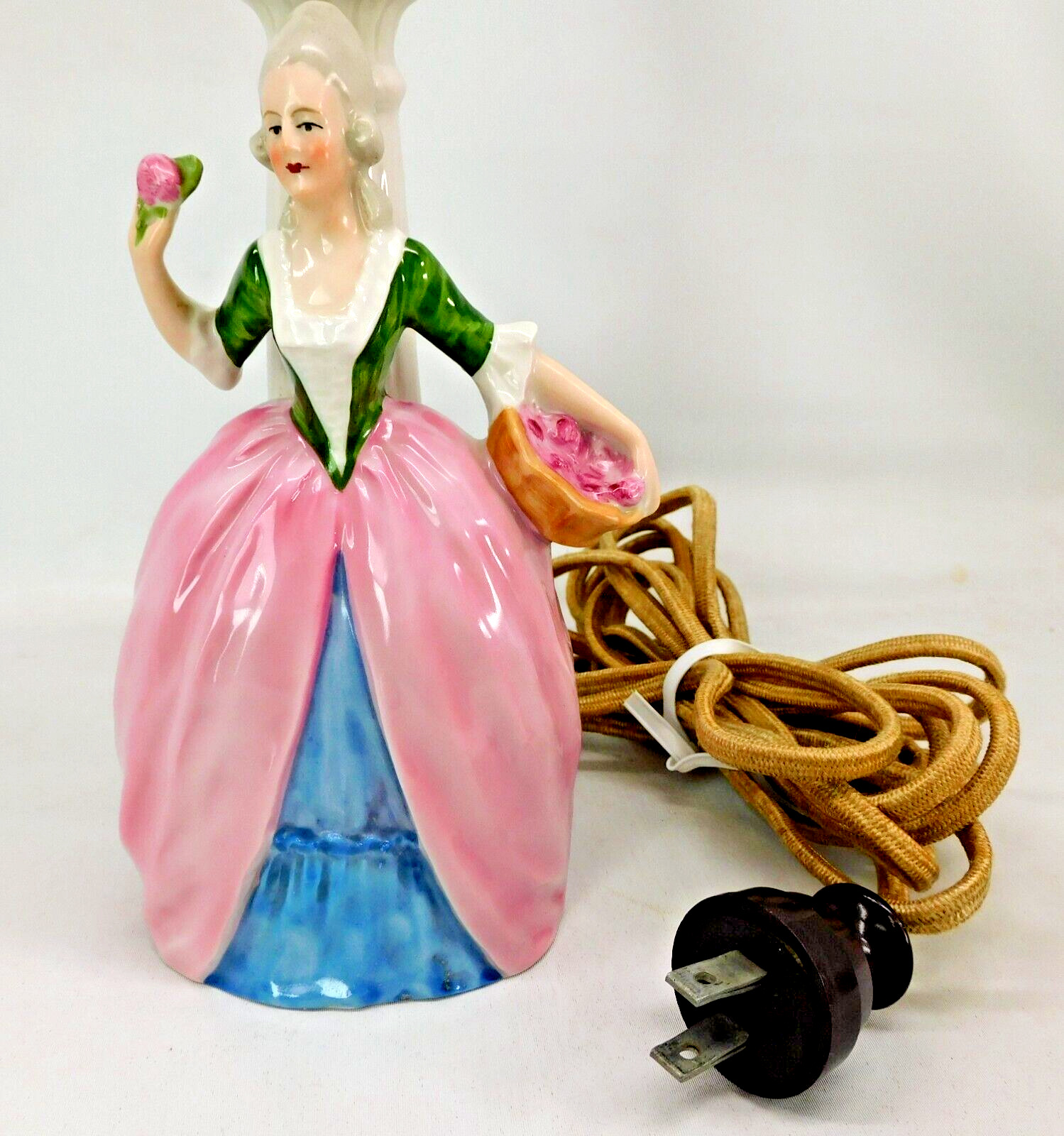 Vintage Boudoir Lamp Figural Porcelain Colonial Woman Picking Apples German 10"H