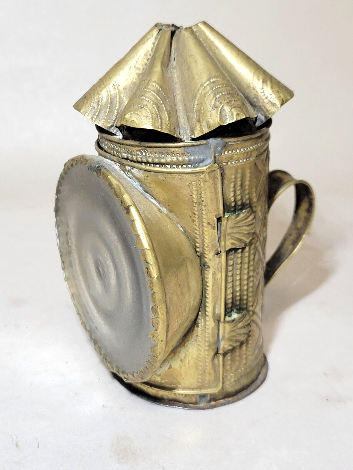 18th Century Miniature CANDLE LANTERN Punched/Stamped Brass Blown Glass Lens