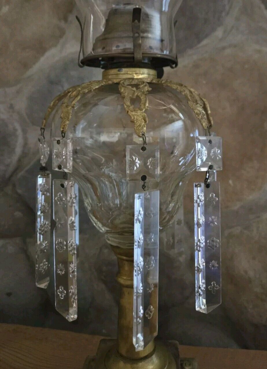 Antique Brass Oil Lamp  with Crystal Prisms Cut Glass & Marble Base 1800's
