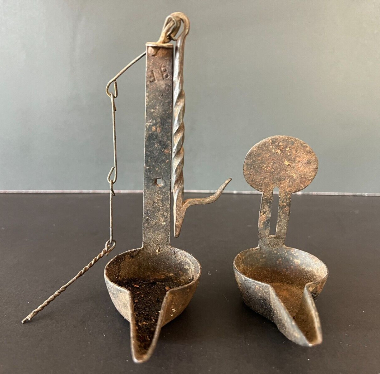 18th Century *stamped* Double Crusie Phoebe Whale Oil Grease Lamp w/ Hook & Tool