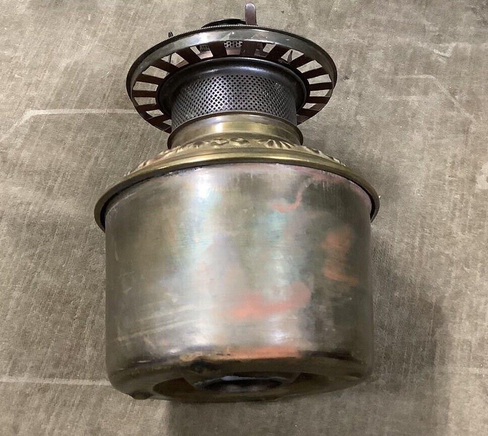 ANTIQUE M&W IRON & BRASS TALL BANQUET OIL LAMP BASE  w LIONS FACES FONT & BURNER