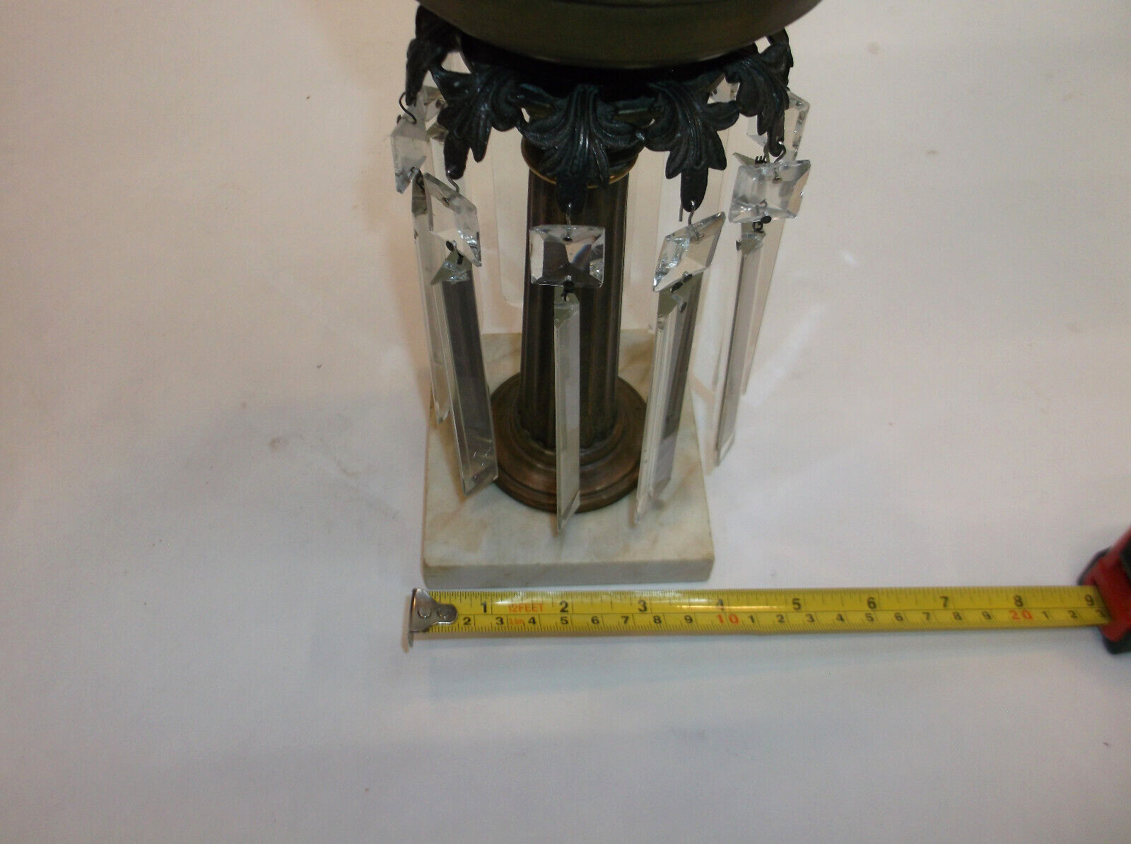 Antique Brass Oil Lamp  with Crystal Prisms Cut Glass & Marble Base 1800's