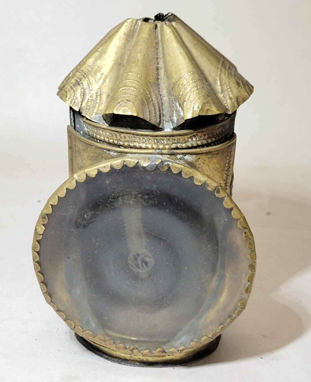 18th Century Miniature CANDLE LANTERN Punched/Stamped Brass Blown Glass Lens