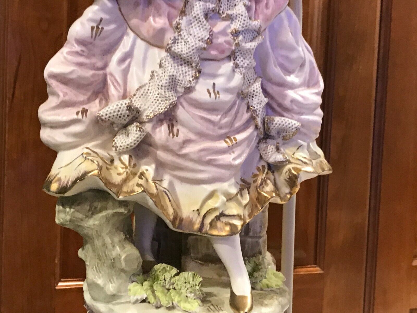 2 Exquisite Hand Painted Metal Lamps Man Woman Fruit Pink Tan 1700's Clothes 36"