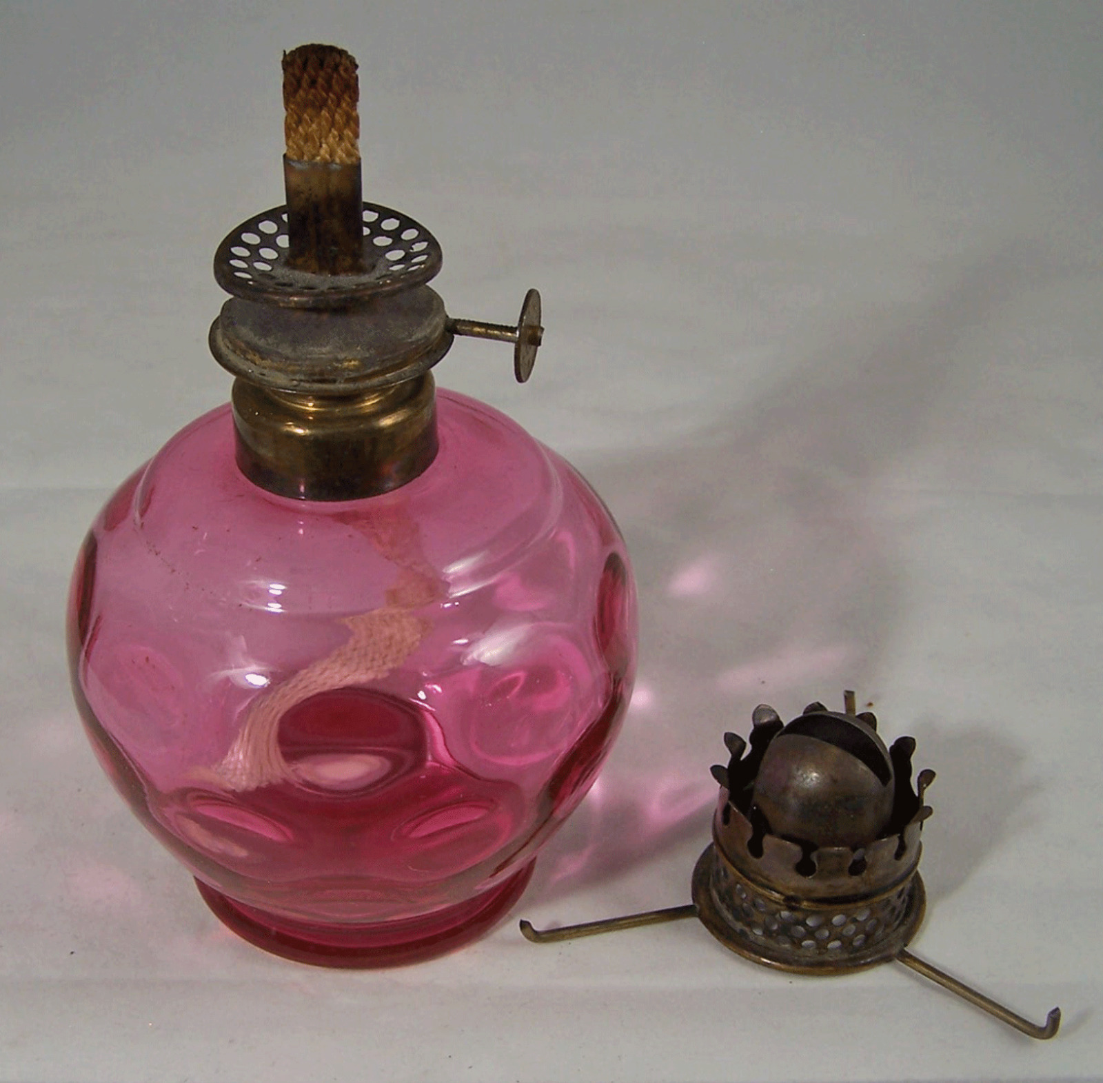 P&A Mfg. Co. Acorn Oil Lamp Cranberry Inverted Thumbprint Miniature Burner 1890