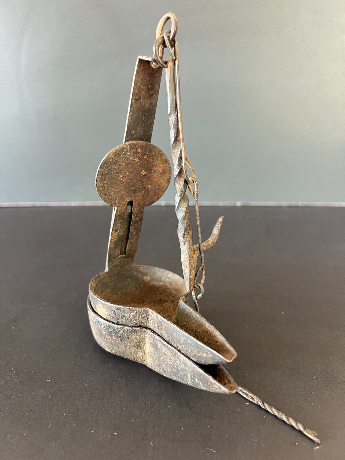 18th Century *stamped* Double Crusie Phoebe Whale Oil Grease Lamp w/ Hook & Tool