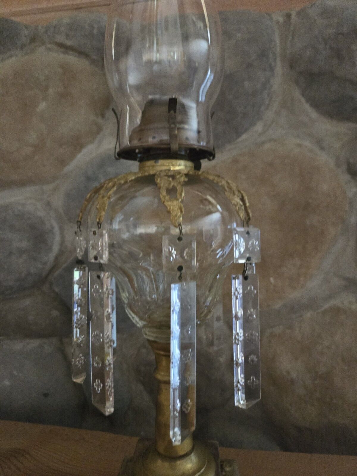 Antique Brass Oil Lamp  with Crystal Prisms Cut Glass & Marble Base 1800's