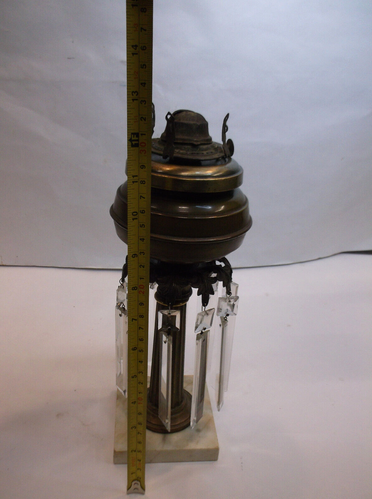 Antique Brass Oil Lamp  with Crystal Prisms Cut Glass & Marble Base 1800's