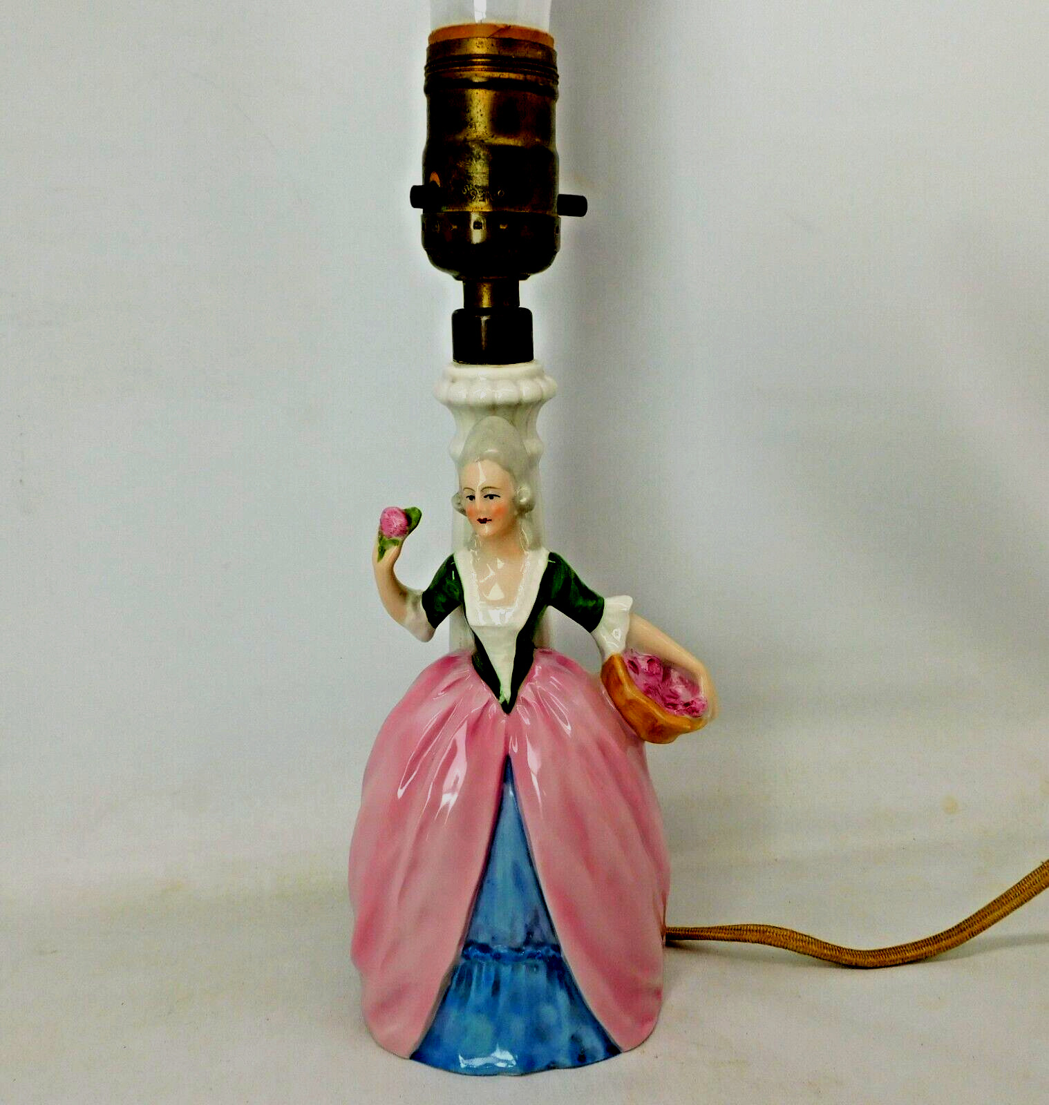 Vintage Boudoir Lamp Figural Porcelain Colonial Woman Picking Apples German 10"H