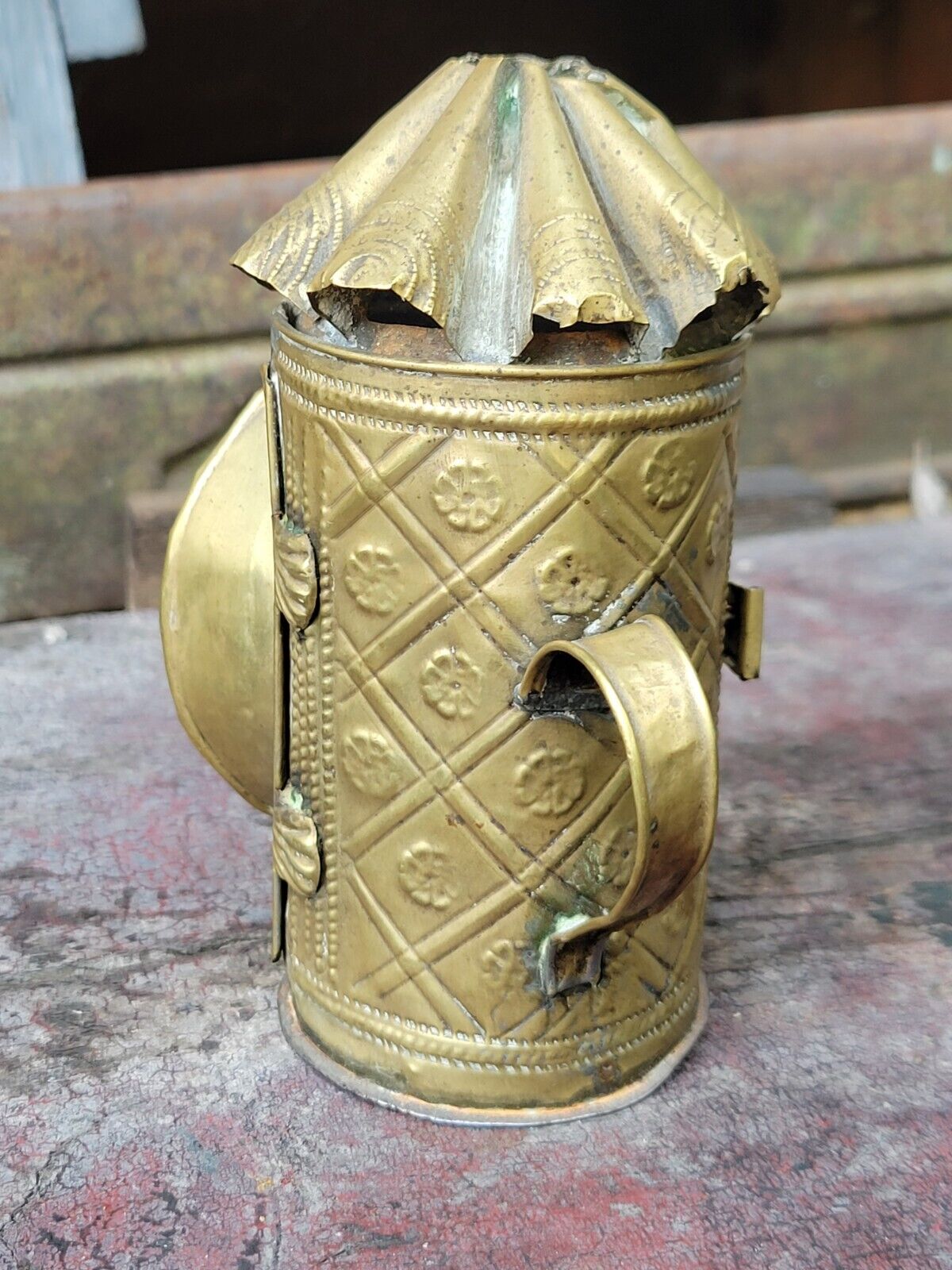 18th Century Miniature CANDLE LANTERN Punched/Stamped Brass Blown Glass Lens