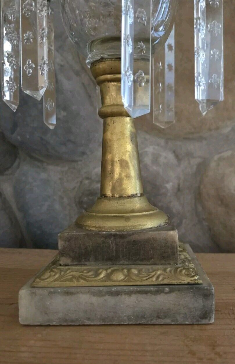 Antique Brass Oil Lamp  with Crystal Prisms Cut Glass & Marble Base 1800's