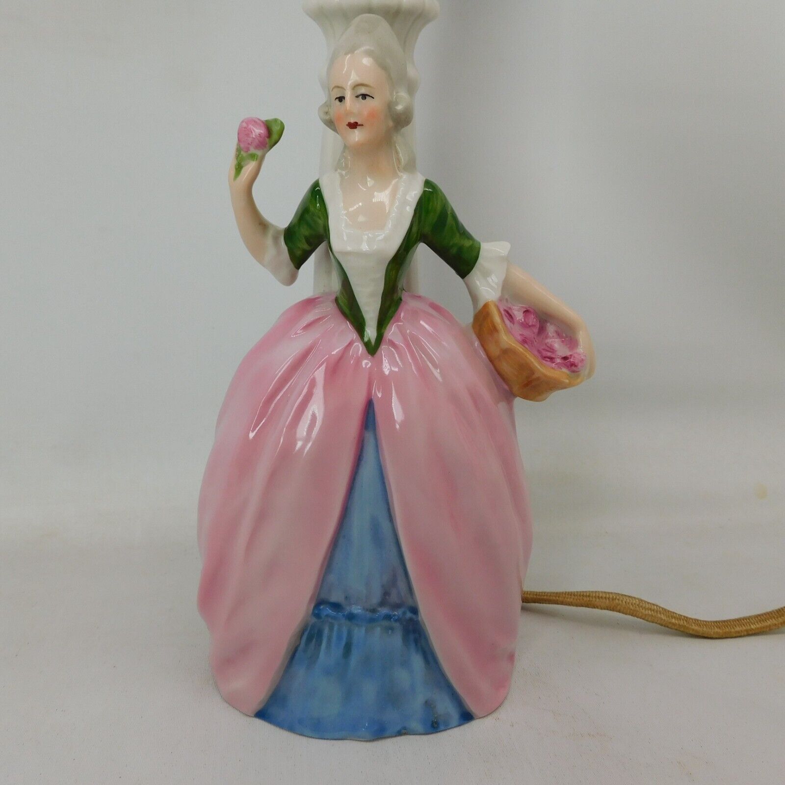 Vintage Boudoir Lamp Figural Porcelain Colonial Woman Picking Apples German 10"H