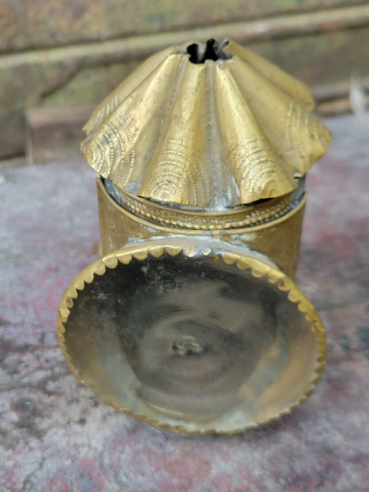 18th Century Miniature CANDLE LANTERN Punched/Stamped Brass Blown Glass Lens