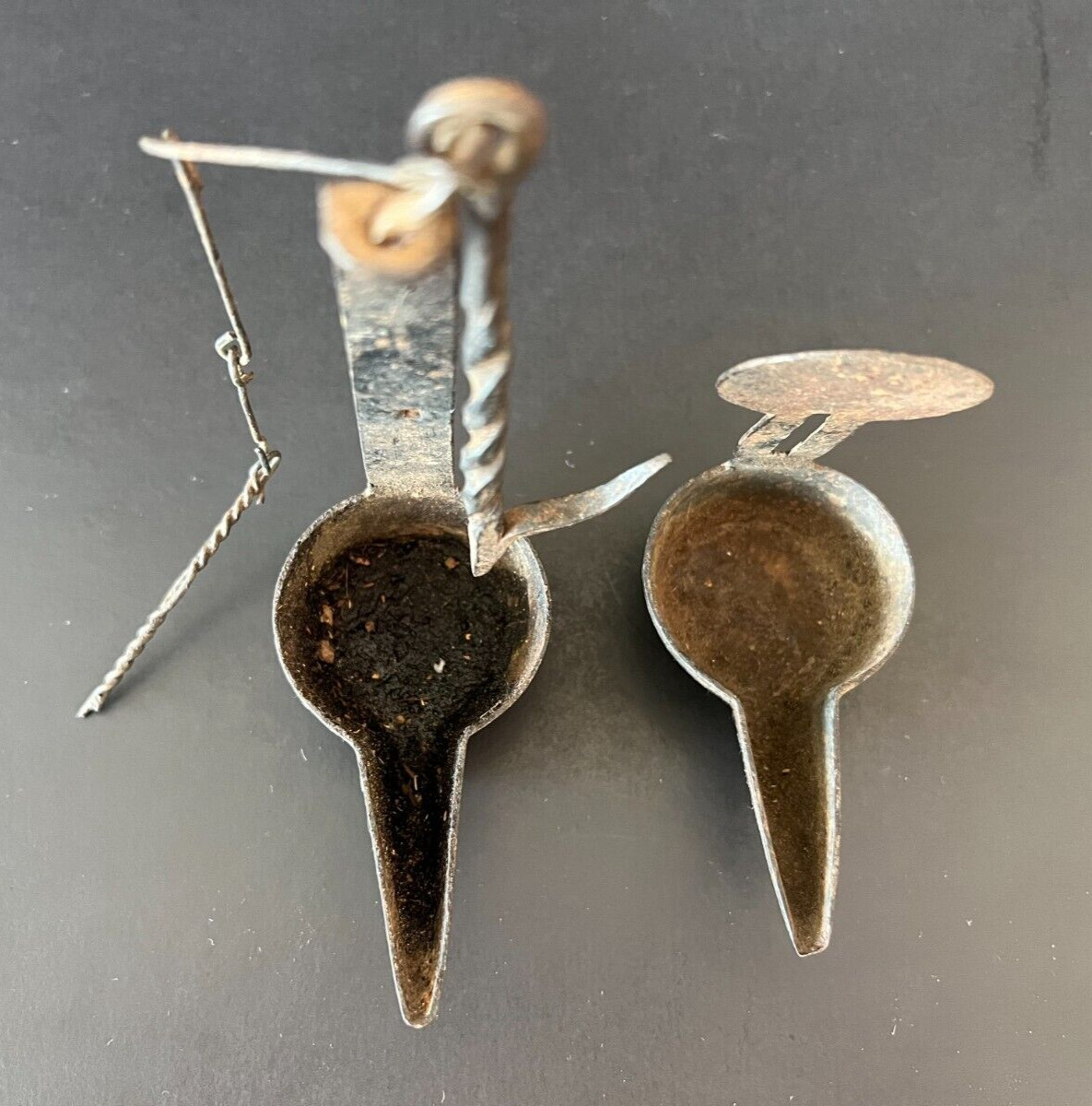 18th Century *stamped* Double Crusie Phoebe Whale Oil Grease Lamp w/ Hook & Tool