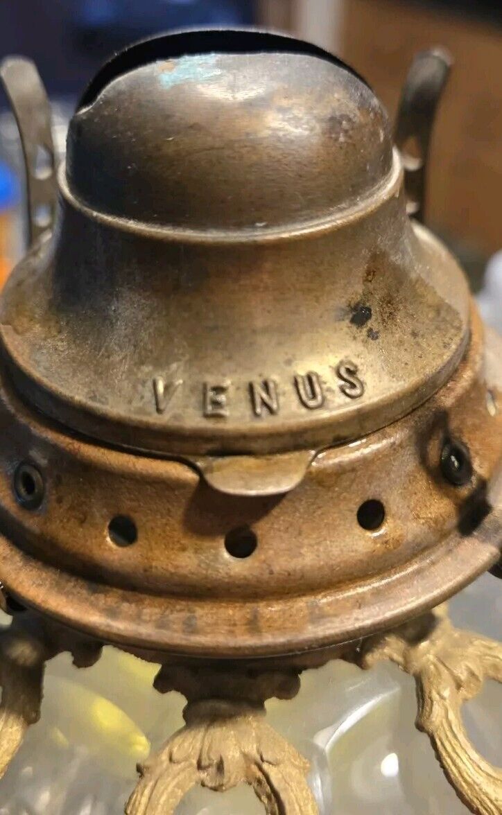 Antique Brass Oil Lamp  with Crystal Prisms Cut Glass & Marble Base 1800's