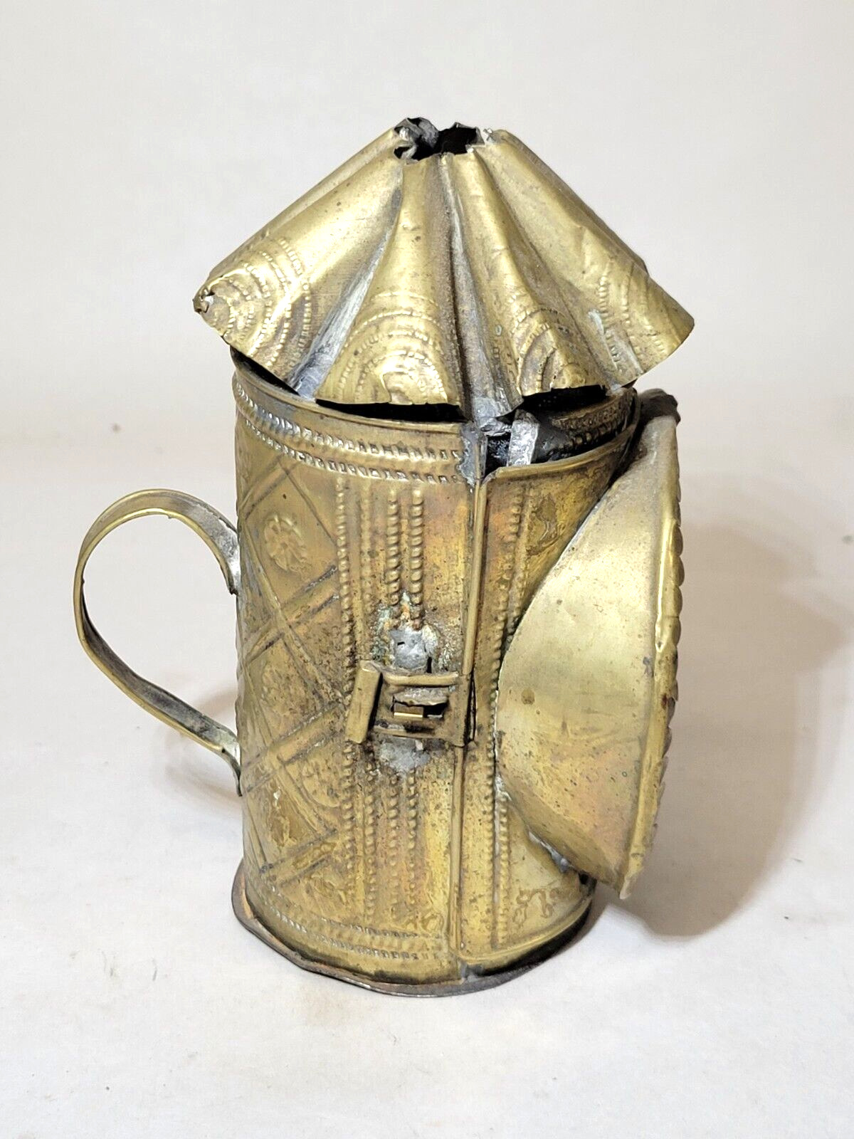 18th Century Miniature CANDLE LANTERN Punched/Stamped Brass Blown Glass Lens