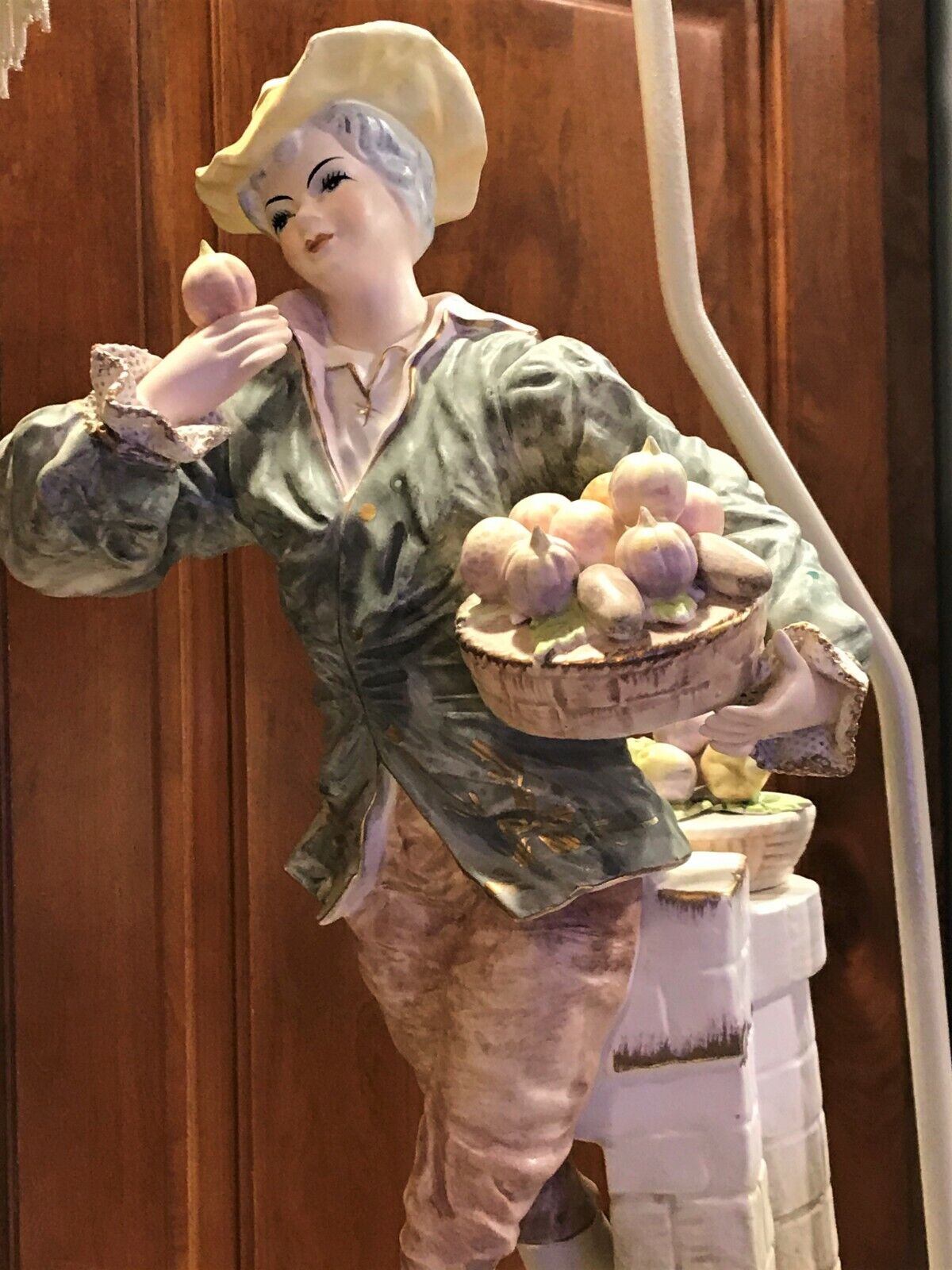 2 Exquisite Hand Painted Metal Lamps Man Woman Fruit Pink Tan 1700's Clothes 36"