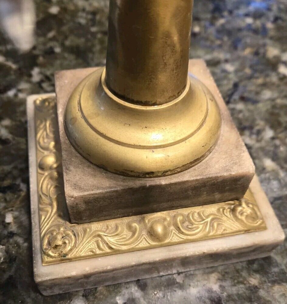 Antique Brass Oil Lamp  with Crystal Prisms Cut Glass & Marble Base 1800's